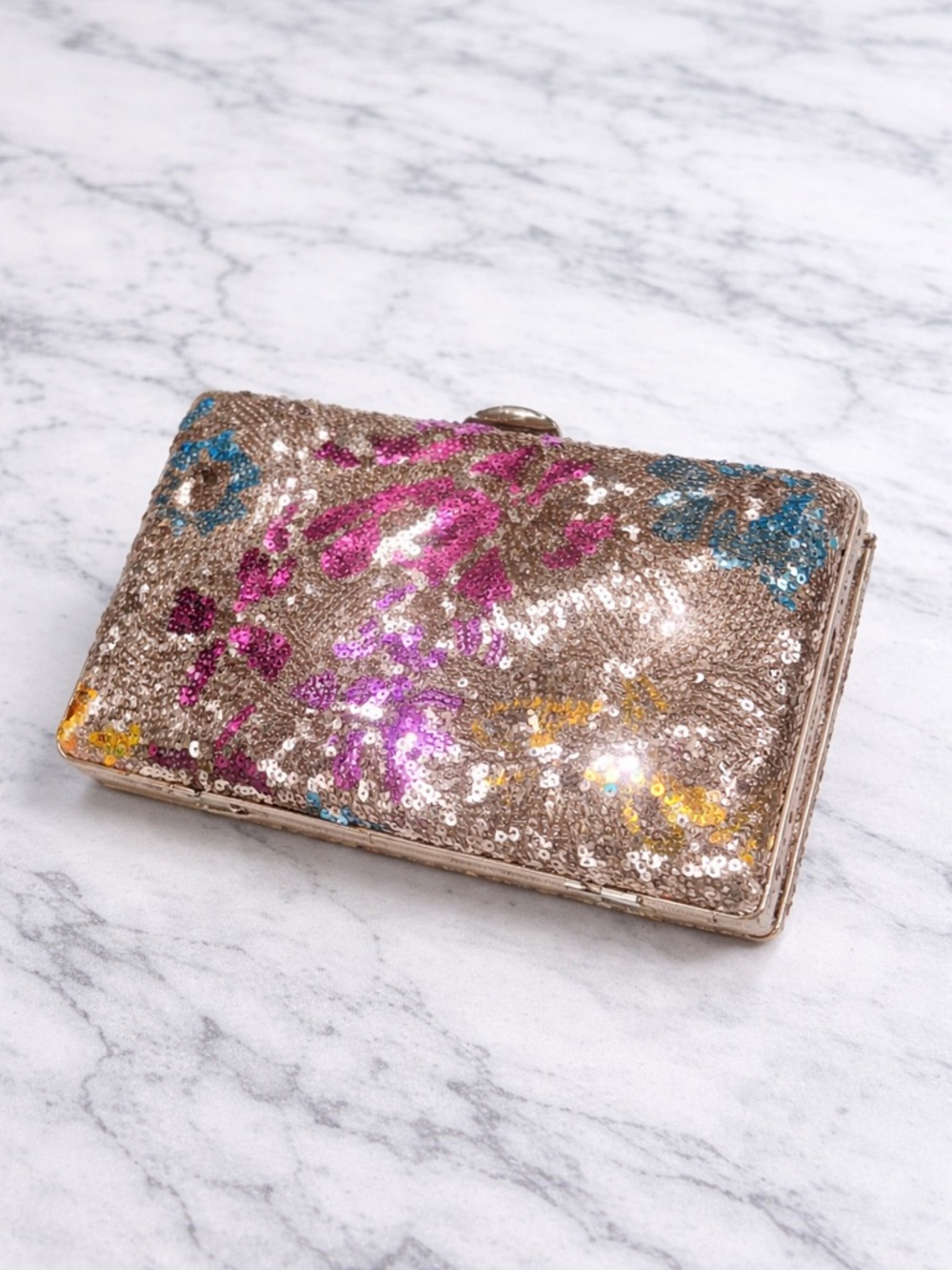 Sequin Floral Metallic Clutch Wallet - Pink Multi